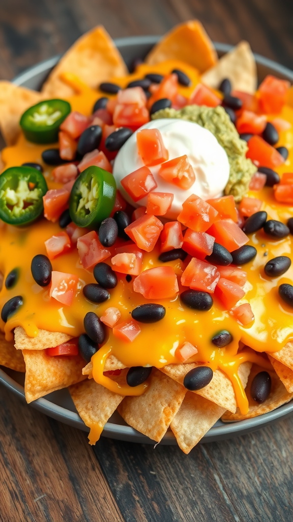 A plate of nachos topped with cheese, tomatoes, black beans, jalapeños, and sour cream.