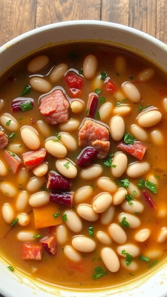 A bowl of navy bean soup with beans, meat, and colorful vegetables.