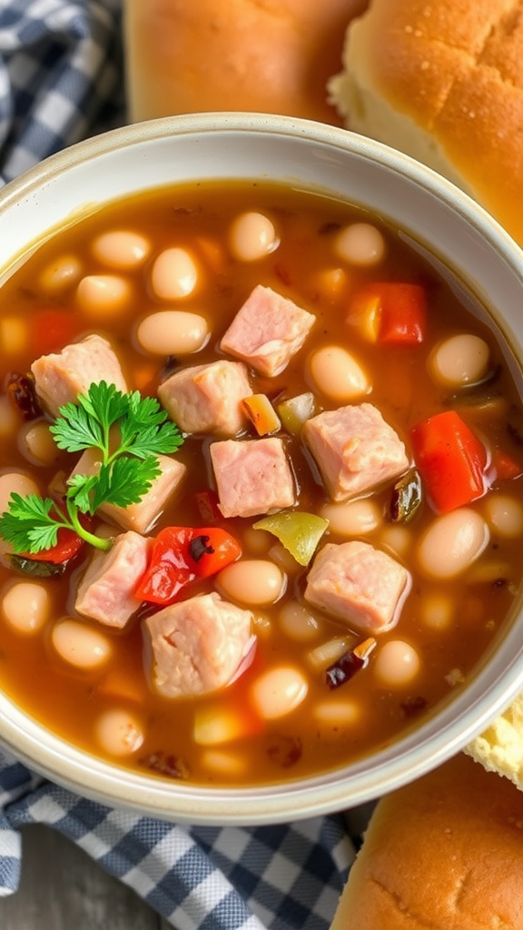 A bowl of Navy Bean Soup with Ham, featuring beans, ham pieces, and colorful vegetables, next to soft bread rolls.