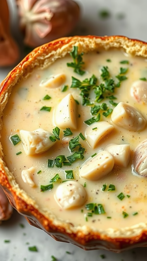 Bowl of New England clam chowder served in a bread bowl with clams and parsley on top