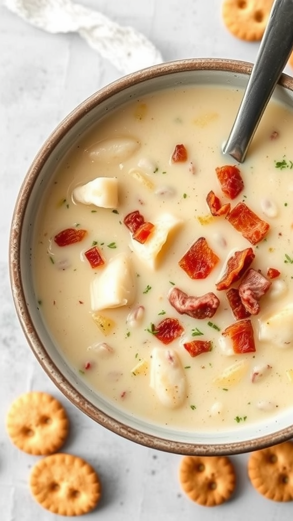 A bowl of New England clam chowder topped with bacon and herbs, with crackers on the side.