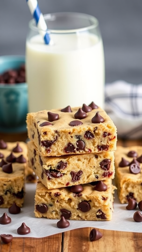 No bake chocolate chip cookie dough bars stacked with chocolate chips scattered around and a glass of milk in the background