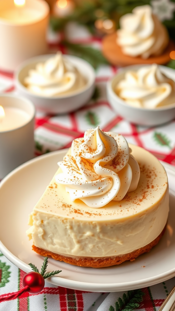 A slice of no bake eggnog cheesecake topped with whipped cream and nutmeg, surrounded by festive decorations.