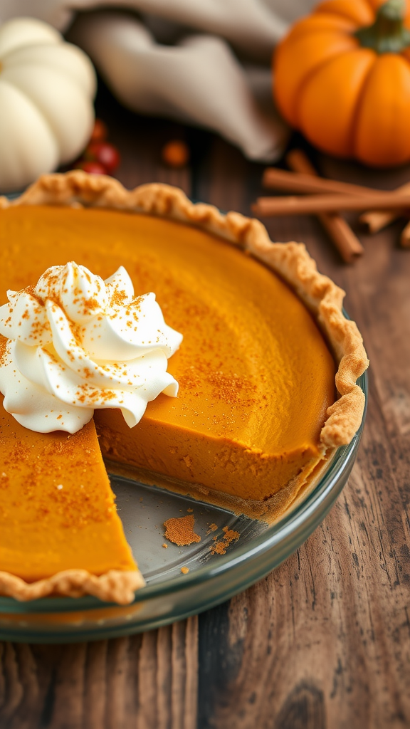 A delicious no bake pumpkin pie with whipped cream and a sprinkle of cinnamon on top, set against a rustic wooden background.