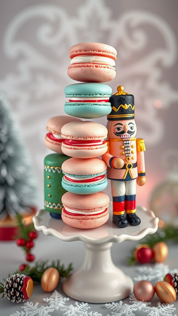 A plate of colorful macarons decorated with a nutcracker figurine, set against a festive background