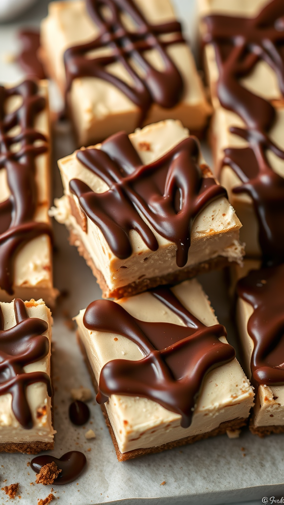Nutella cheesecake bars drizzled with chocolate sauce on a marble surface