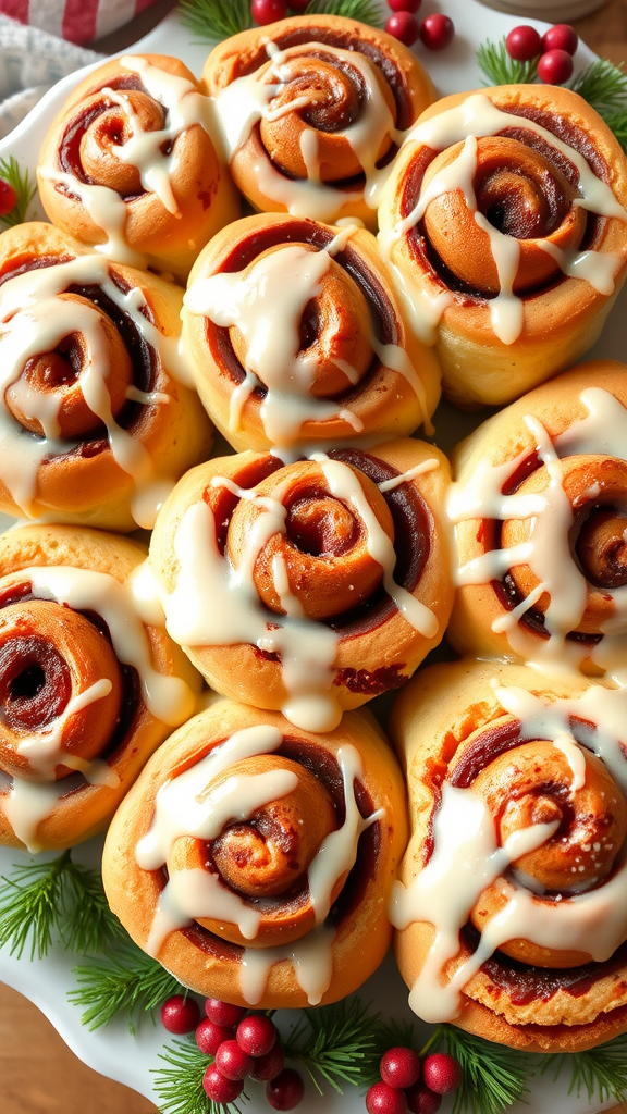 A plate of nutmeg glazed cinnamon rolls with a creamy drizzle on top, decorated with holiday greenery and red berries.
