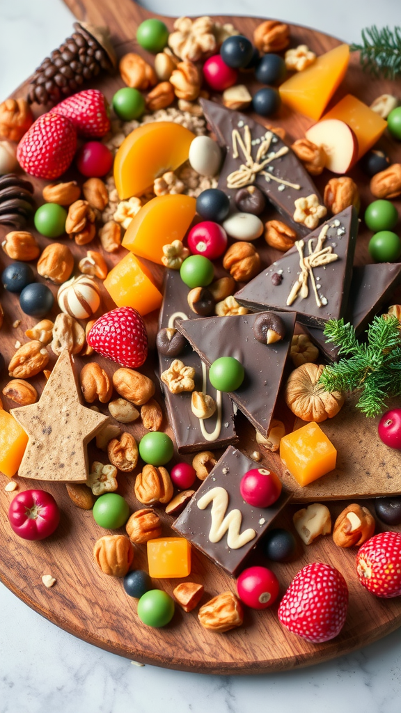 A colorful assortment of chocolate bark, fruits, and nuts on a wooden platter.