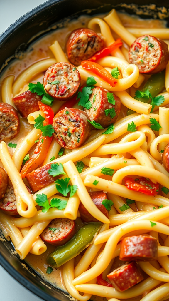 A delicious looking one-pot Cajun sausage pasta with colorful peppers and herbs.