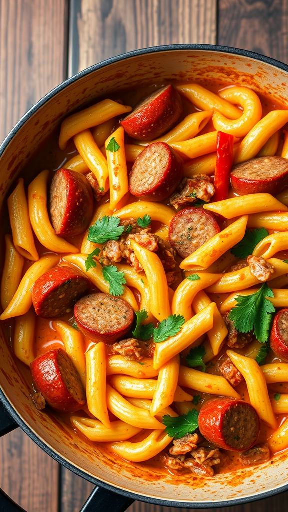 A delicious bowl of One-Pot Cajun Sausage Pasta with sausage slices, yellow pasta, and fresh greens.