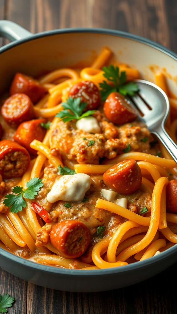 A bowl of one-pot Cajun sausage pasta with sausage, tomatoes, and fresh herbs.