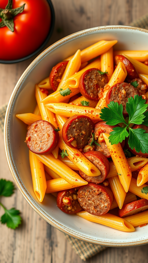 A bowl of One-Pot Cajun Sausage Pasta with slices of sausage and penne pasta, garnished with parsley and surrounded by fresh tomatoes.
