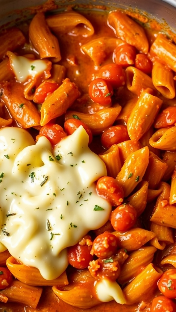 A close-up of One-Pot Chicken Mozzarella Pasta featuring penne pasta, cherry tomatoes, and melted mozzarella.