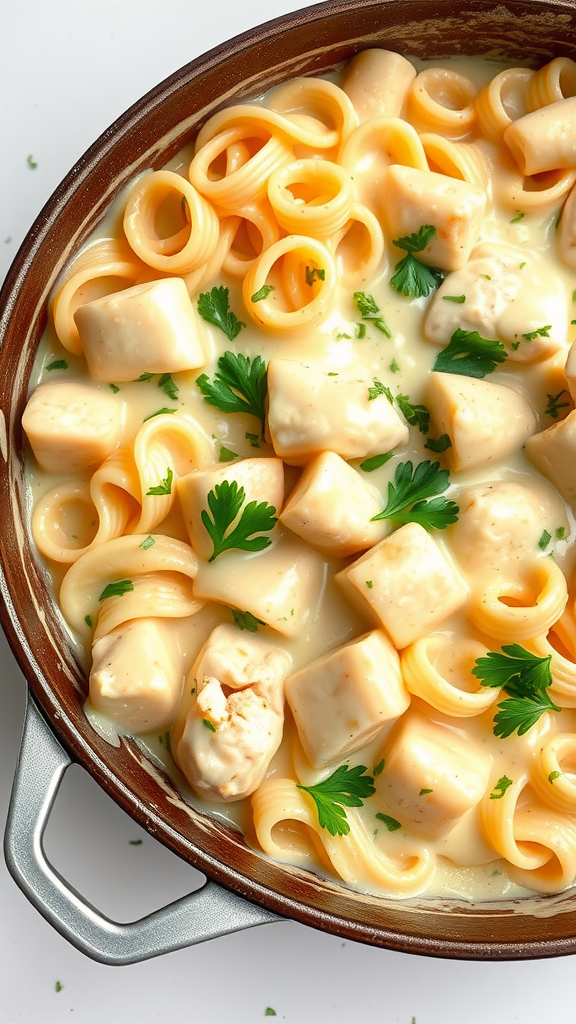 A close-up view of creamy One-Pot Chicken Mozzarella Pasta with chicken pieces and parsley garnishing.