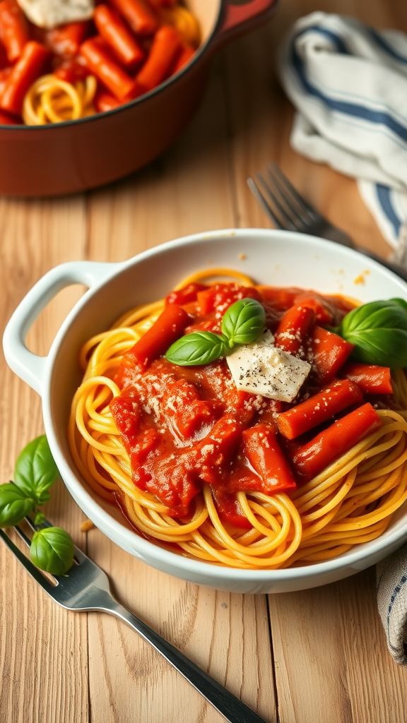 A bowl of one-pot spaghetti with carrots, tomato sauce, and basil leaves.