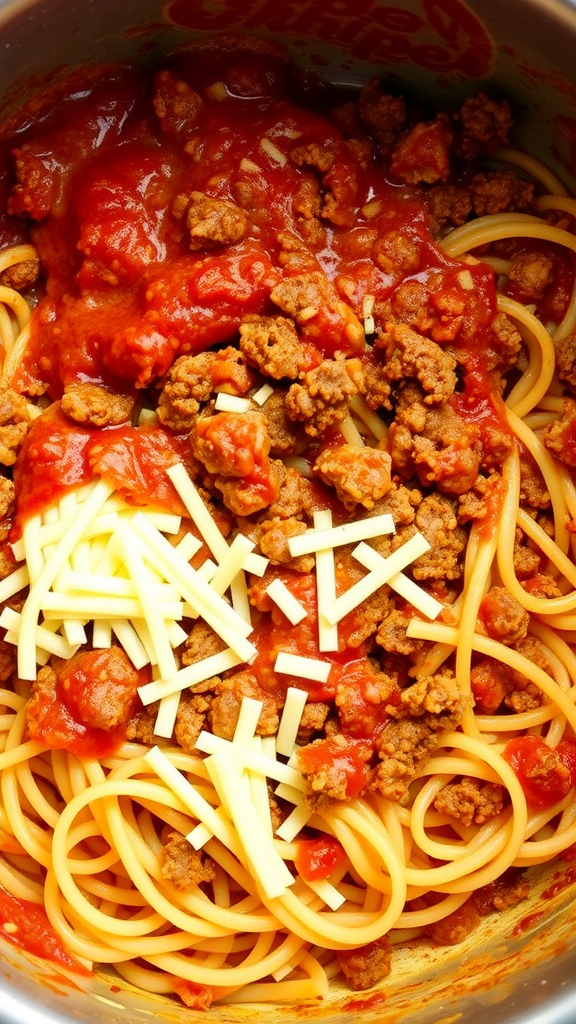A pot filled with spaghetti, ground meat, tomato sauce, and cheese