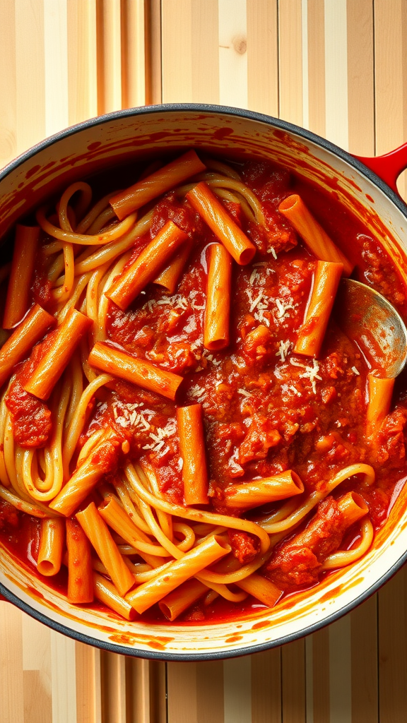 A pot of spaghetti in tomato sauce with visible pasta and a spoon.