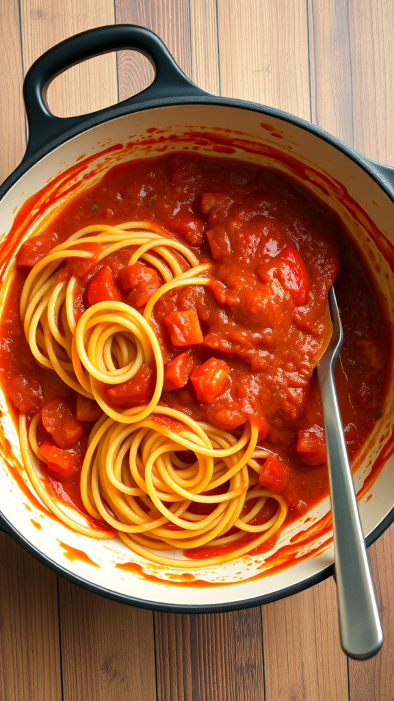 A pot of spaghetti with tomato sauce and diced vegetables