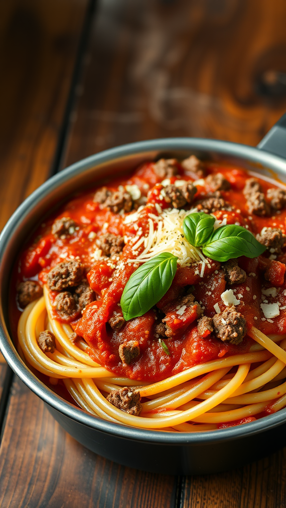 A bowl of one-pot spaghetti with meat sauce, garnished with basil and cheese.