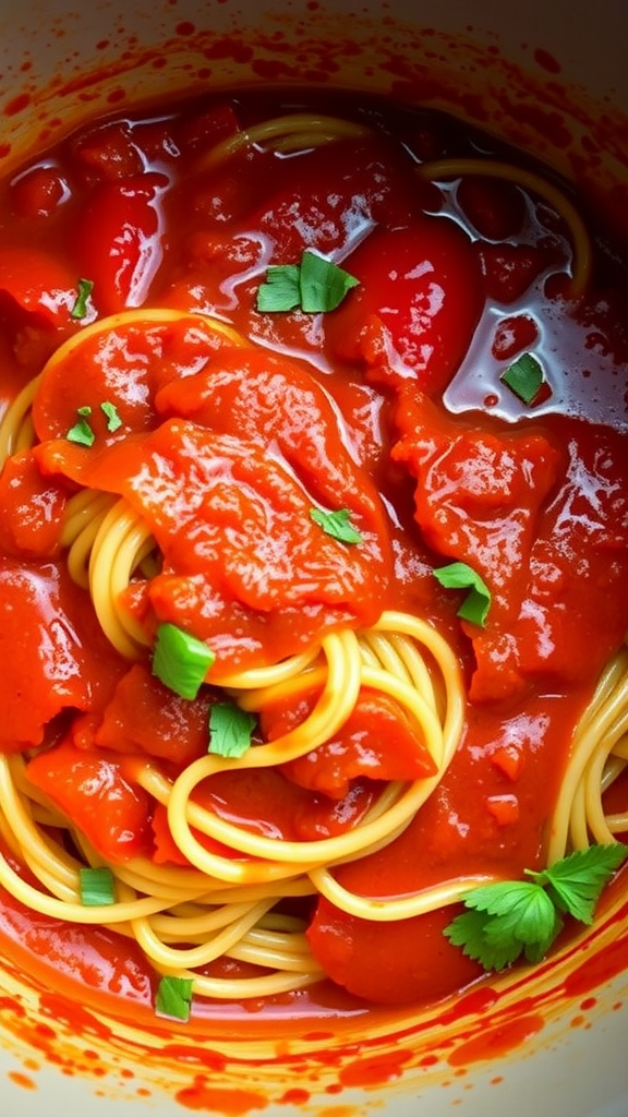 A bowl of spaghetti in a vibrant tomato sauce garnished with fresh herbs.