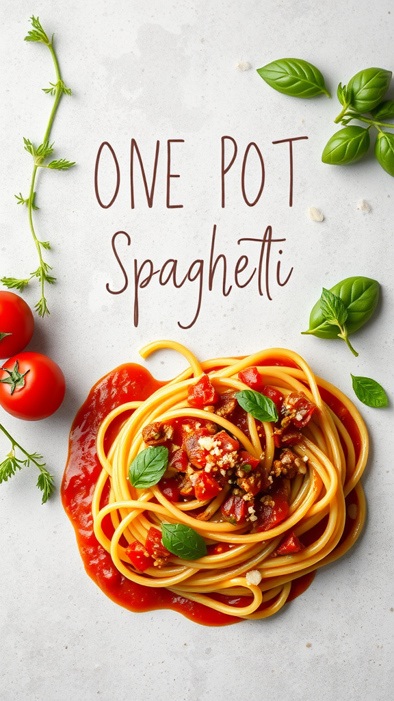 A plate of one-pot spaghetti with tomato sauce and fresh basil on a light background.