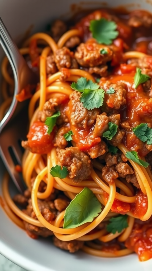 A bowl of spaghetti with ground meat and tomato sauce garnished with cilantro.