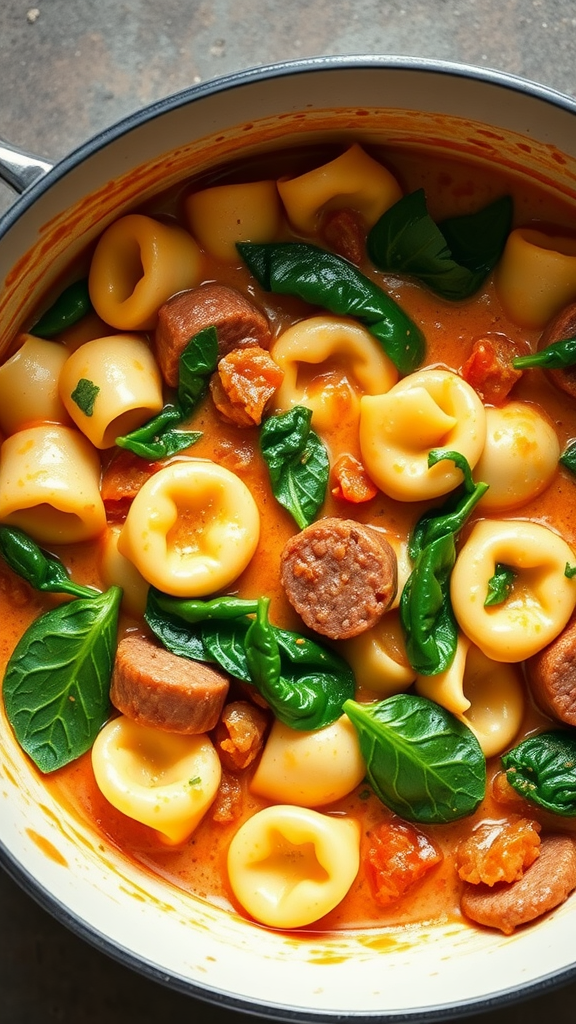 A pot filled with tortellini, sausage, spinach, and tomatoes in a creamy sauce