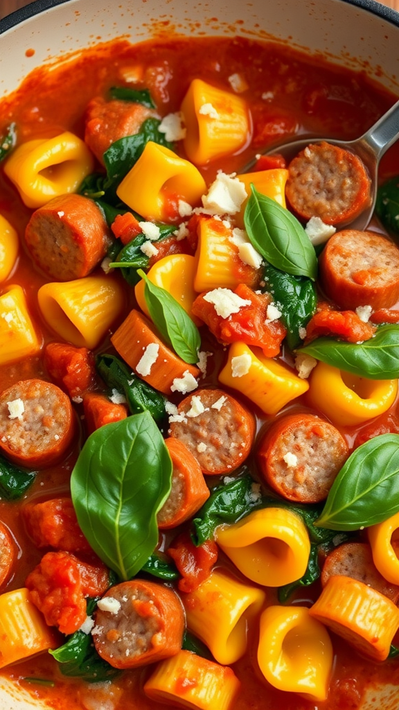 One-Pot Tomato Spinach Tortellini with Sausage in a pot, featuring sausage, tortellini, spinach, and basil.