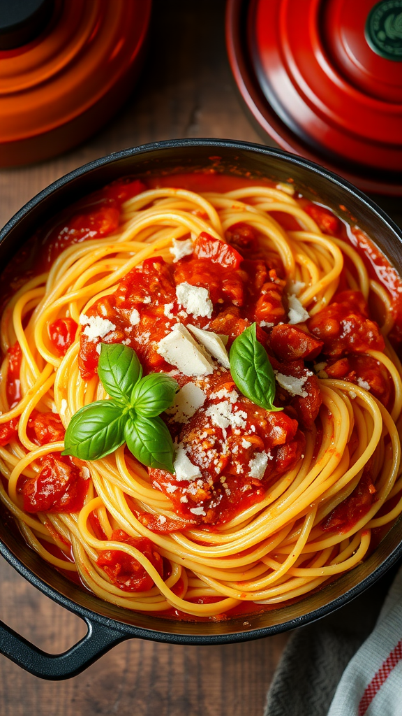 A pot of spaghetti with red sauce and basil