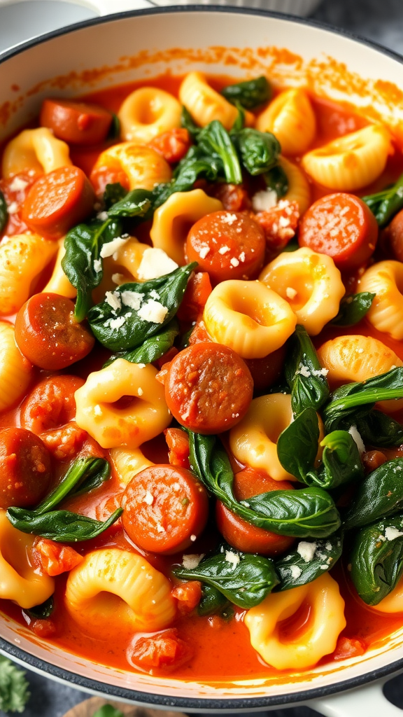 A one pot meal featuring tortellini, sausage, and spinach in a rich tomato sauce