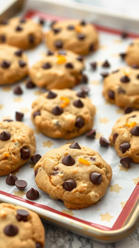 A tray of freshly baked orange zest chocolate chip cookies with chocolate chips on top.