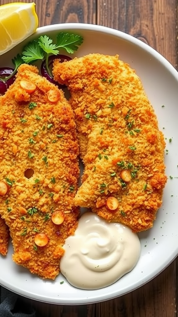 Oven-fried catfish fillets served with lemon and dipping sauce