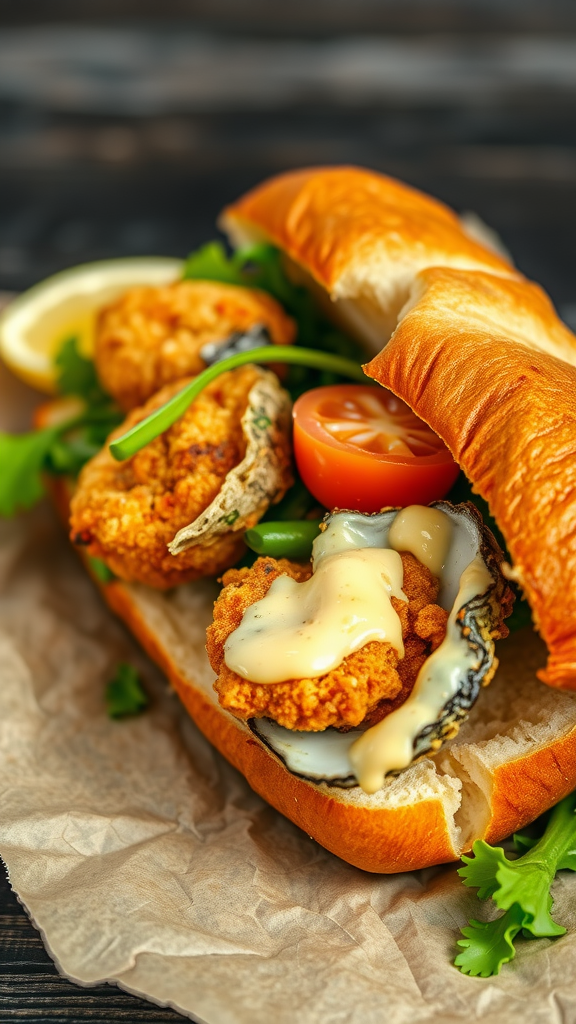 A close-up of an Oyster Po' Boy sandwich with fried oysters, creamy sauce, and fresh garnishes.