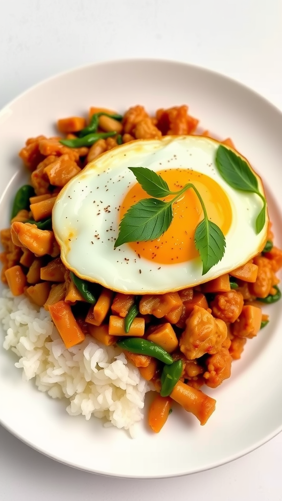 A plate of Pad Krapow featuring Thai basil chicken, vegetables, and a fried egg on top of rice.