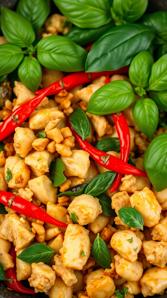 A close-up of Pad Krapow, featuring chicken, Thai basil, and red chilies.