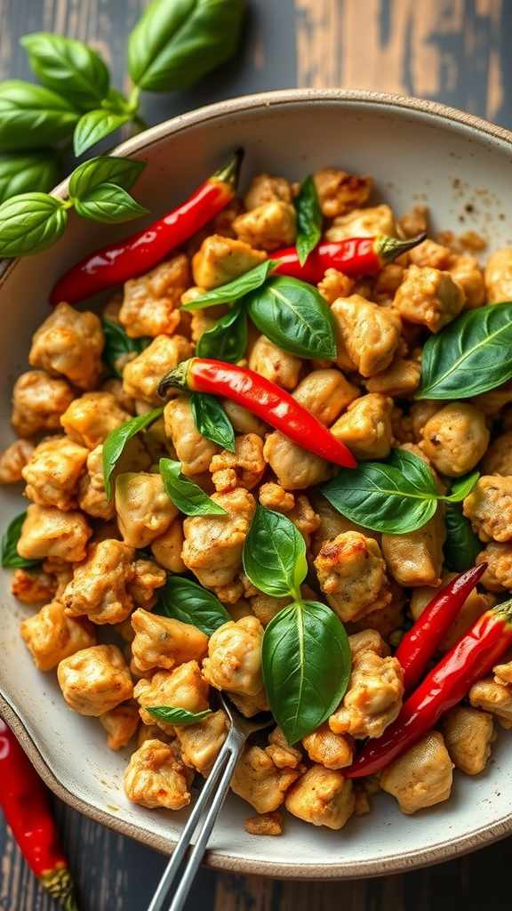 A bowl of Pad Krapow with chicken, basil, and red chilies.