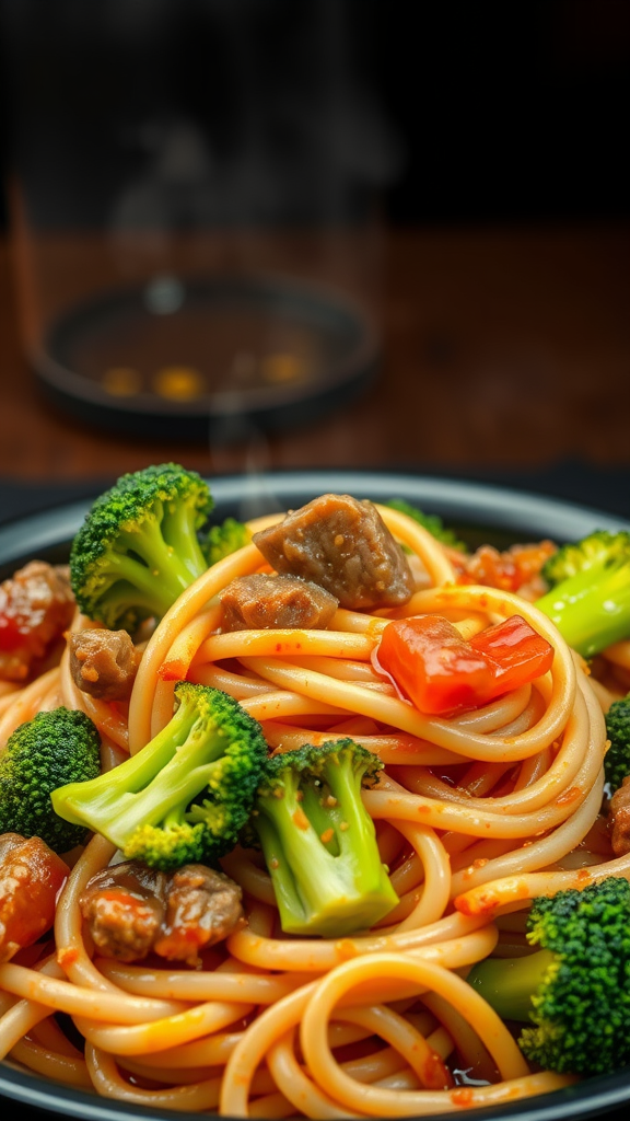 A delicious bowl of Pad See Ew with broccoli, peppers, and noodles.