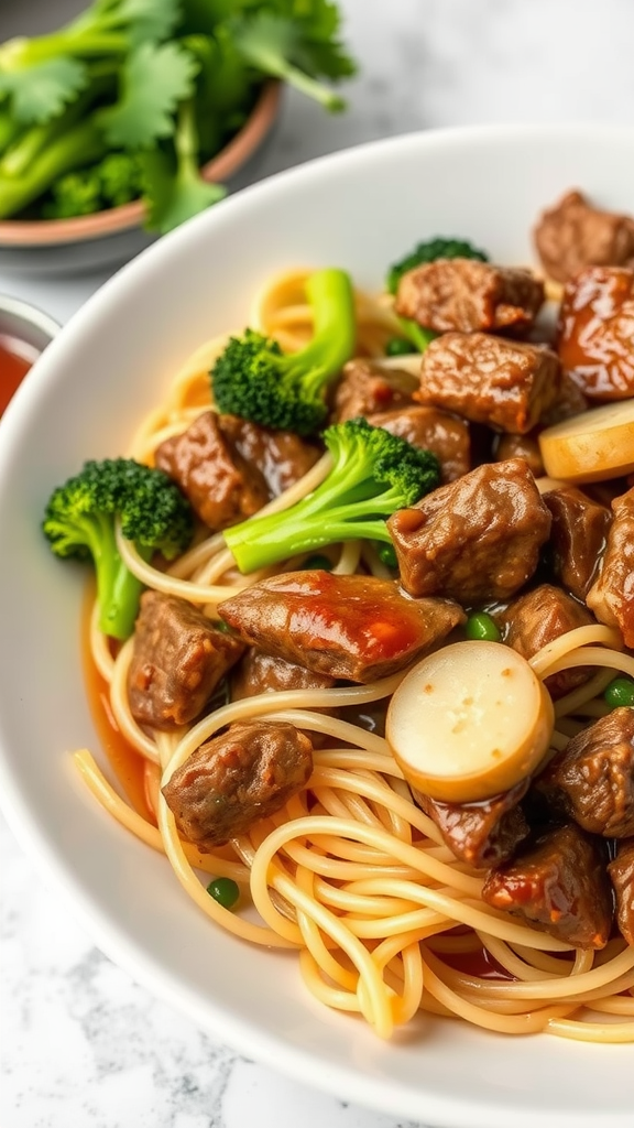 A bowl of Pad See Ew featuring beef, broccoli, and noodles