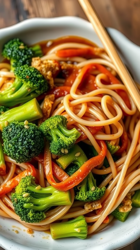 A bowl of Pad See Ew with broccoli and bell peppers, garnished with chopsticks.