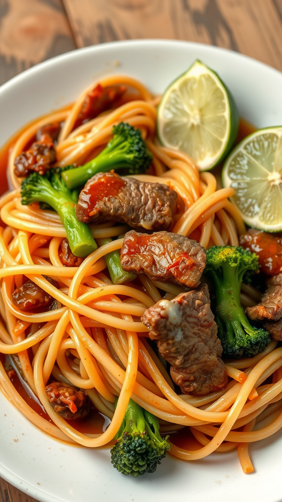 A close-up of Pad See Ew with beef and broccoli garnished with lime slices.