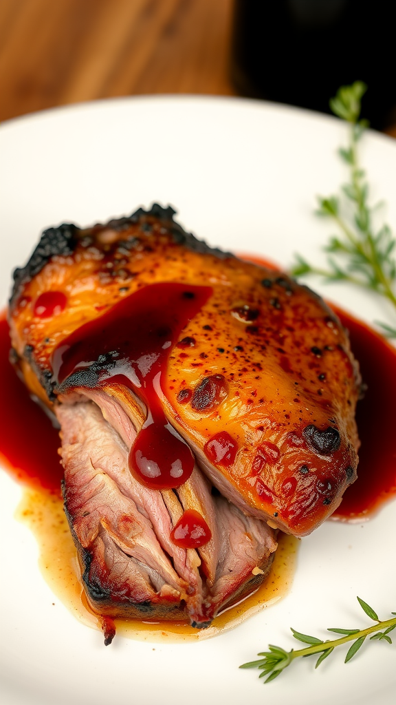 A pan-seared duck breast served on a plate with sauce and herbs.