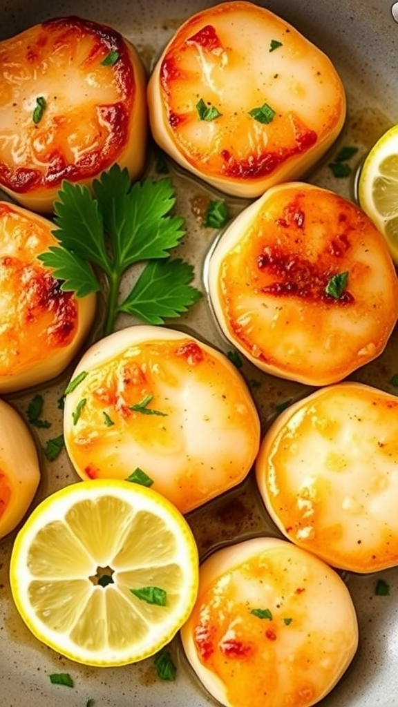 Pan-seared scallops garnished with parsley and lemon slices