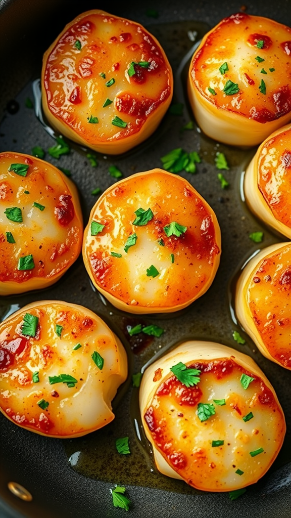 Pan-seared scallops garnished with parsley in a pan.