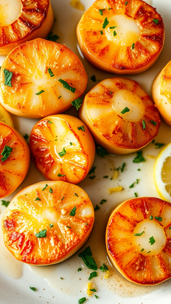 A plate of beautifully seared scallops garnished with parsley and lemon zest.