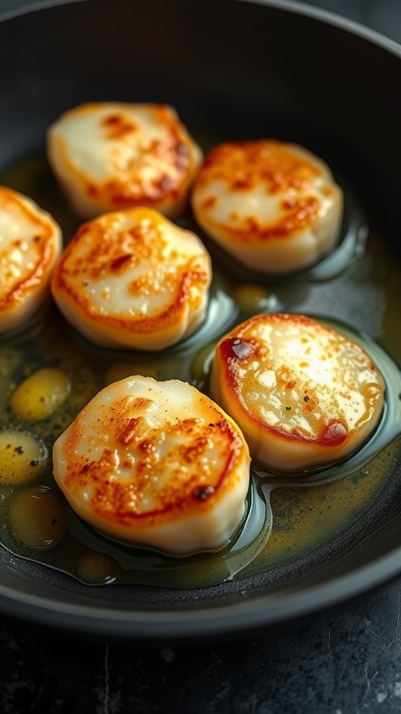 Pan-seared scallops in a frying pan, golden and sizzling in olive oil.