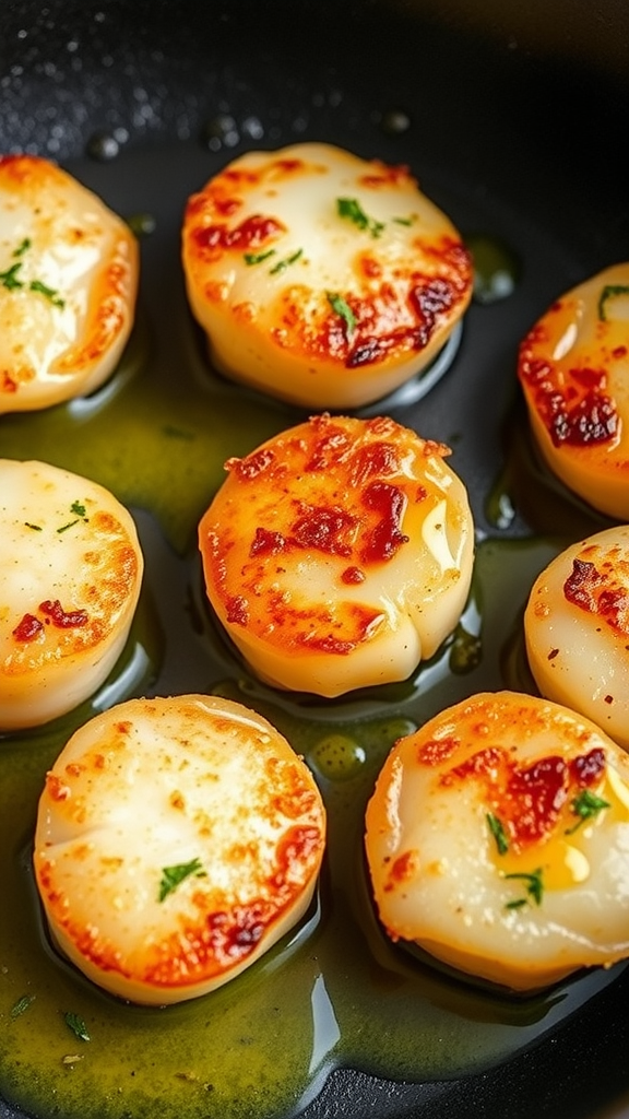 Pan-seared scallops in a skillet, golden and sizzling with herbs
