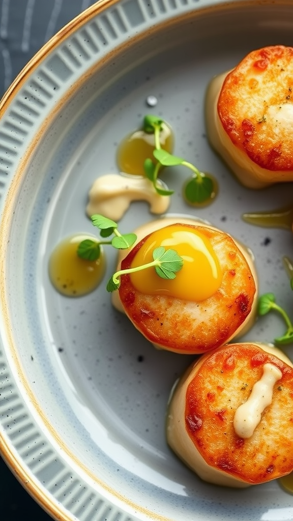 A plate of pan-seared scallops garnished with a nearby egg yolk and sauce.