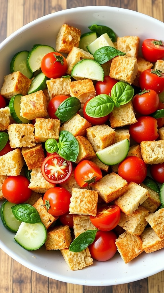 A bowl of Panzanella salad with bread cubes, tomatoes, cucumbers, and basil.