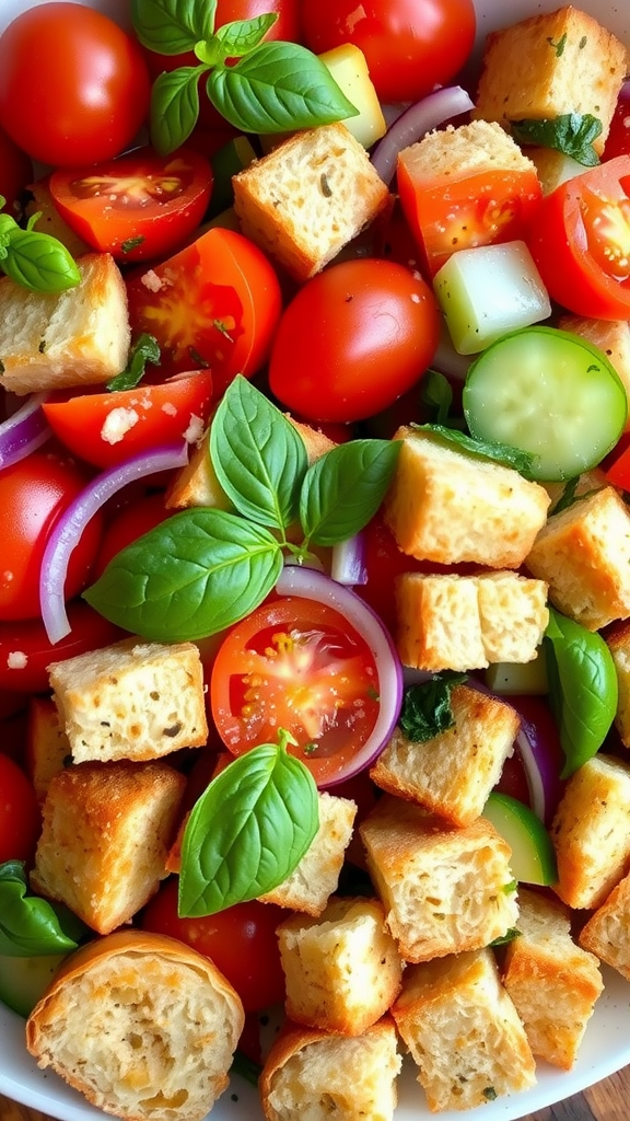 A colorful Panzanella salad with bread cubes, cherry tomatoes, cucumbers, red onion, and fresh basil.