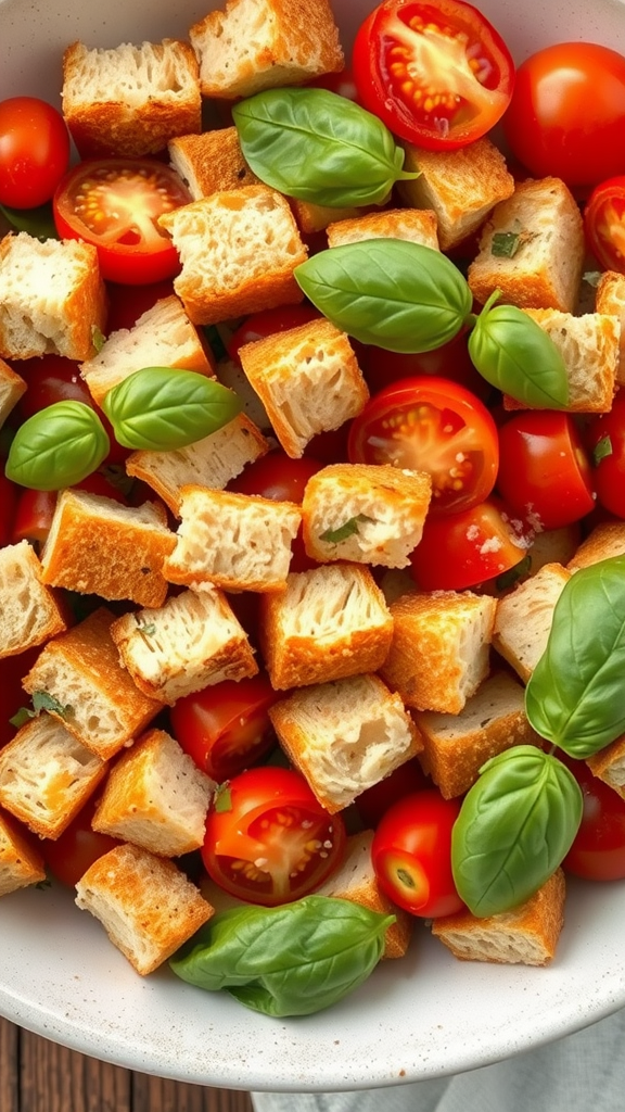 A bowl of Panzanella salad featuring bread cubes, cherry tomatoes, and basil leaves.